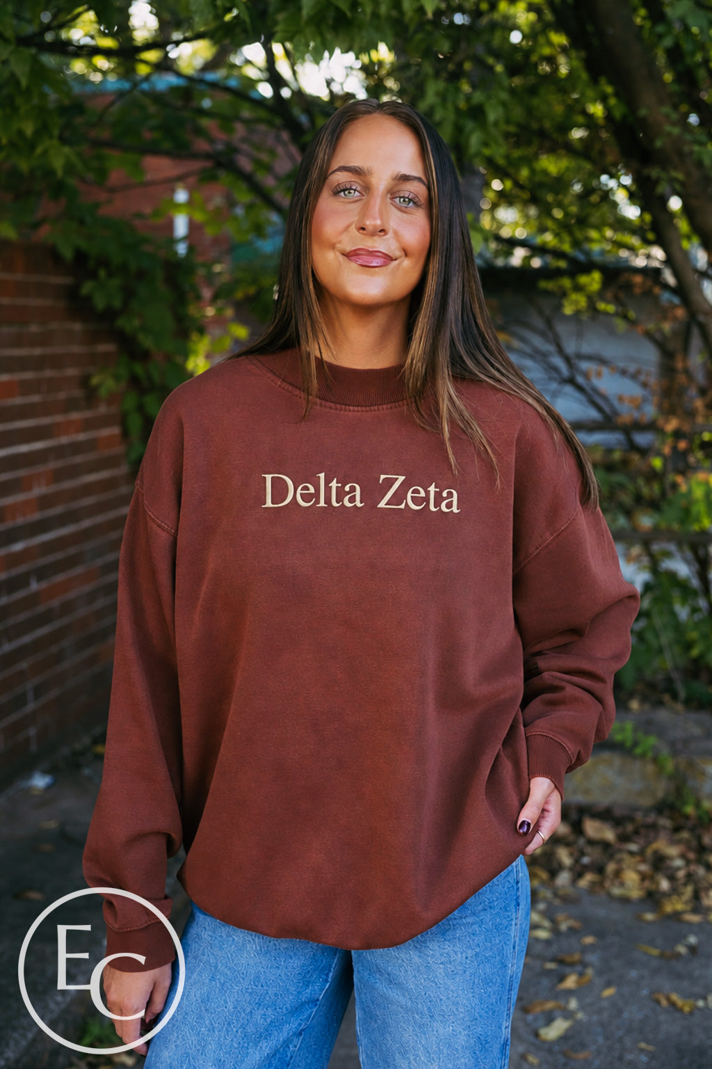 Delta Zeta Cream Embroidery Dark Maroon Mockneck
