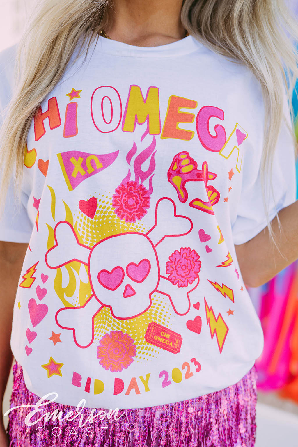 Chi Omega Colorful Skull and Crossbones Bid Day Tee