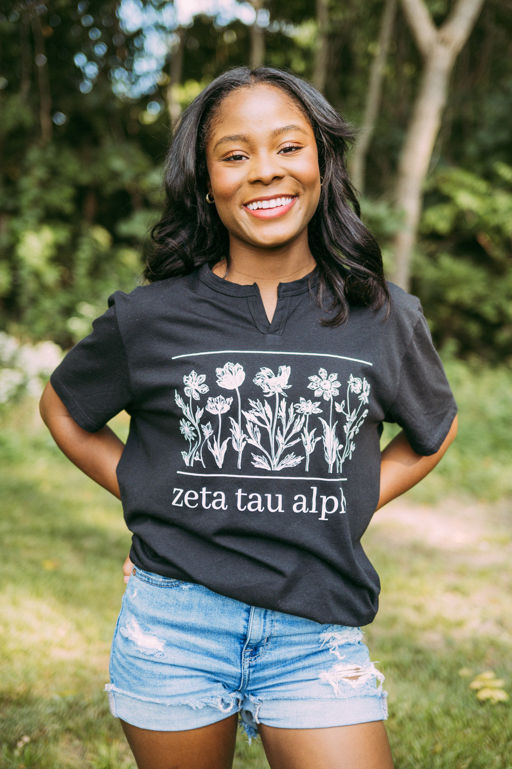 Zeta Floral Black Notch Tee