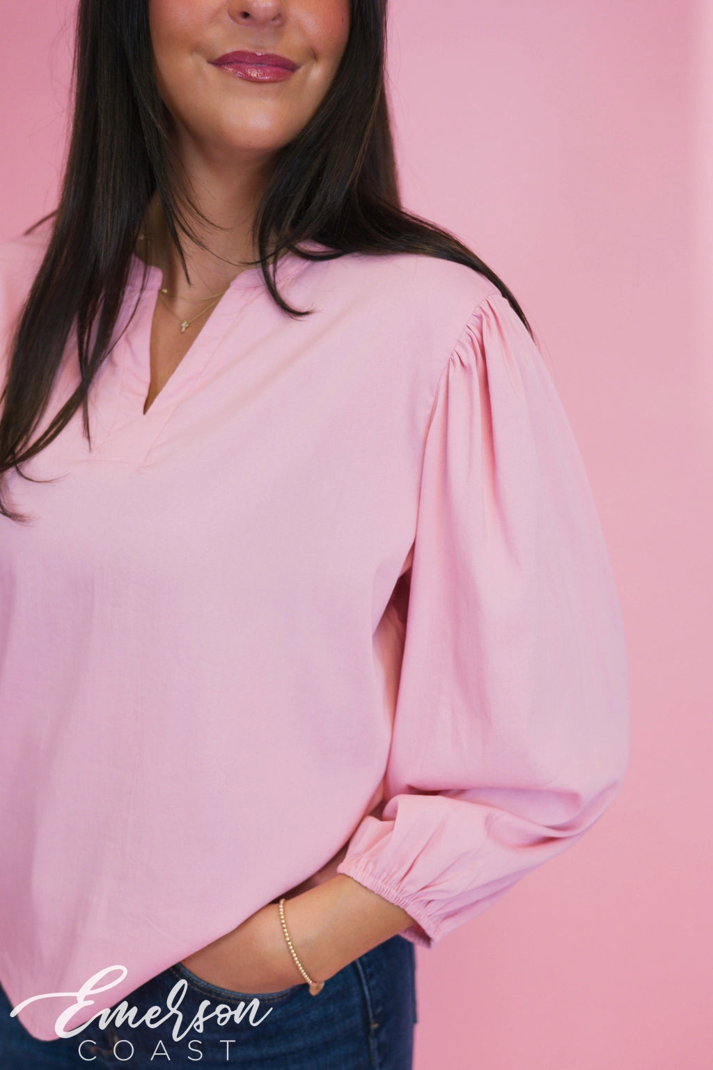 ZTA Pink Puff Sleeve Vneck Blouse