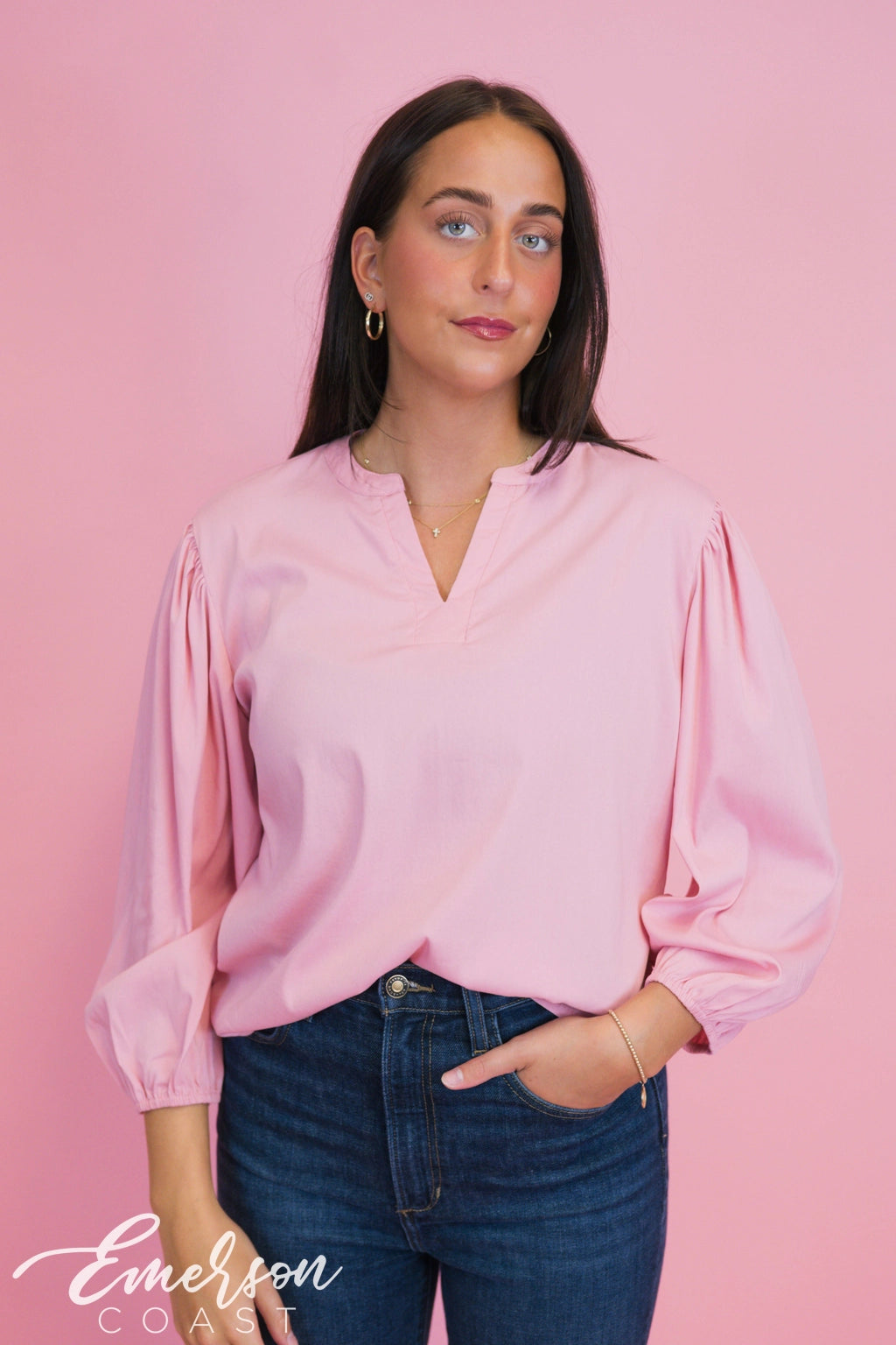 ZTA Pink Puff Sleeve Vneck Blouse