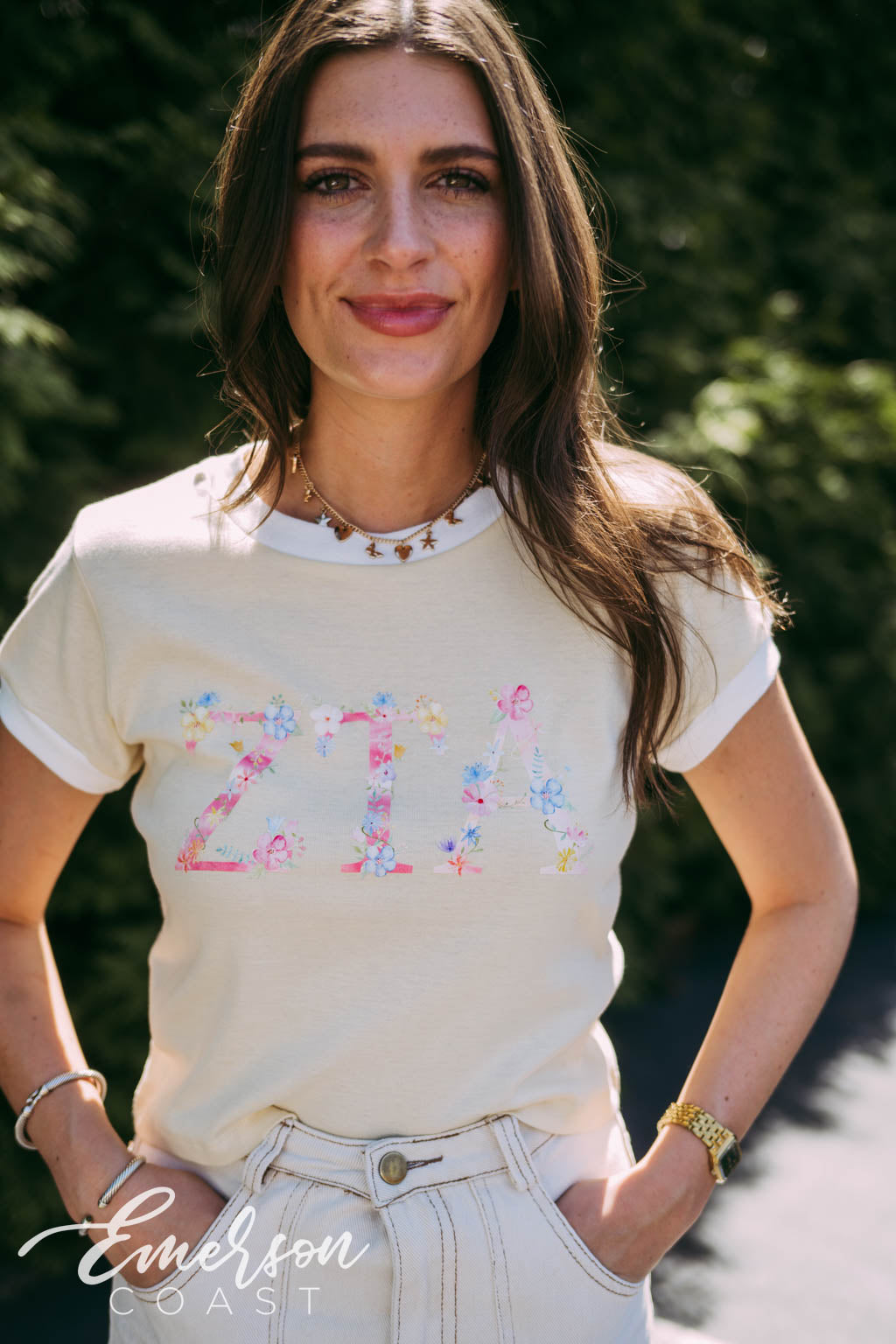 ZTA Floral Letters Cream Baby Ringer Tee