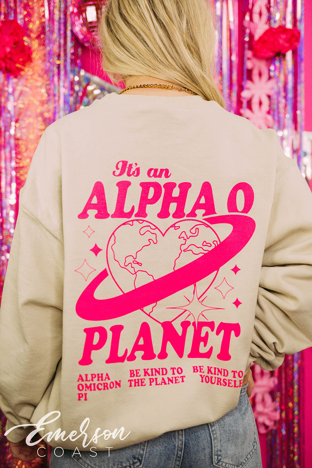 Alpha Omicron Pi PR Planet Alpha O Sand Crewneck