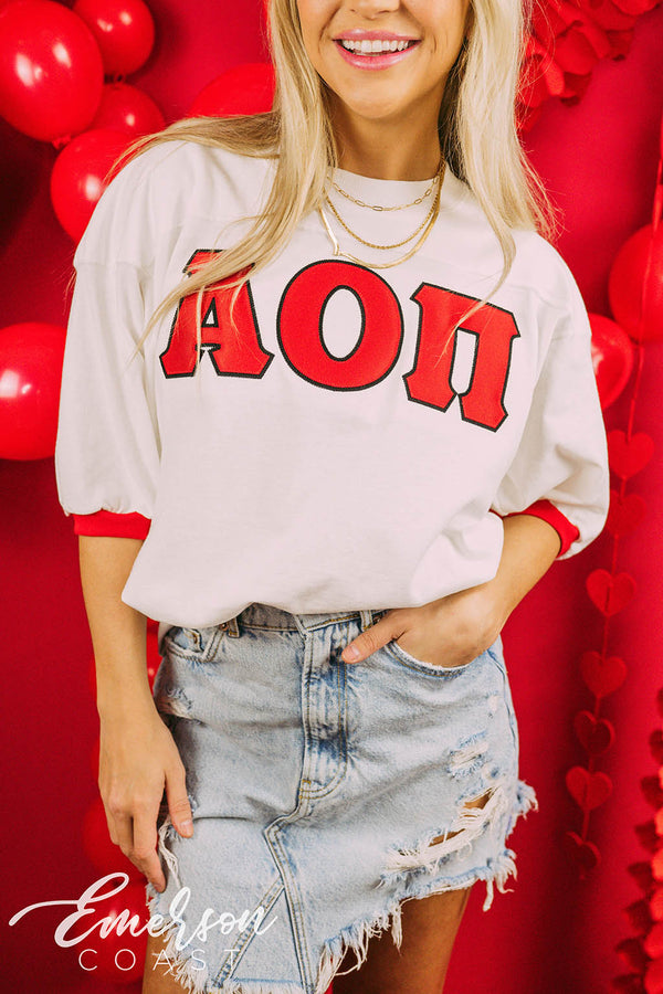 Alpha Omicron Pi Bid Day Stitched Letter Jersey - Emerson Coast