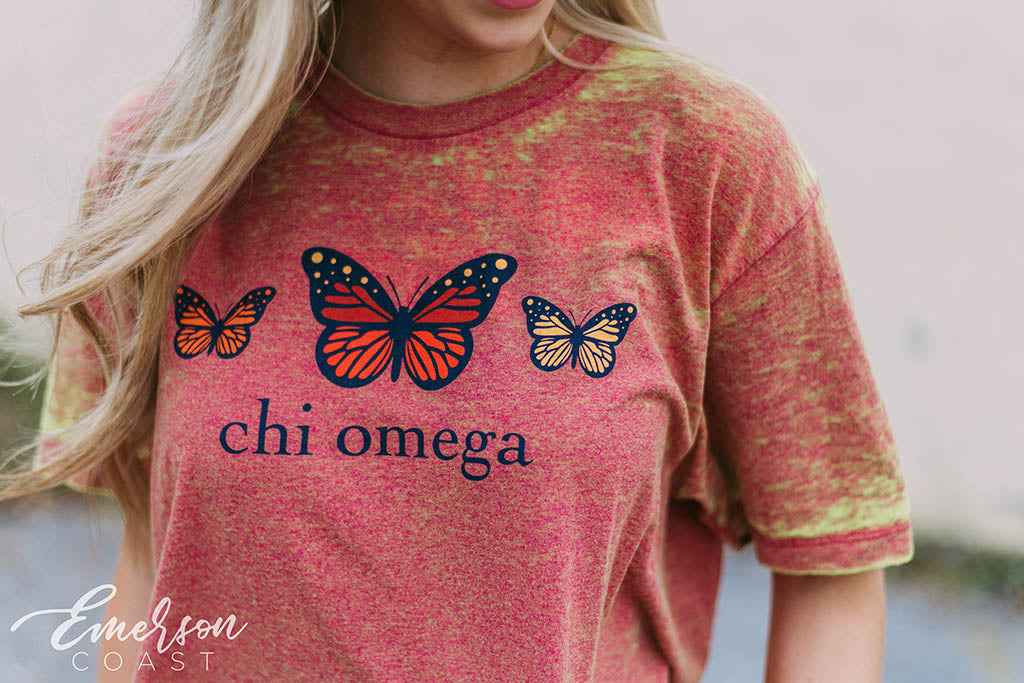 Chi Omega Distressed Butterfly PR Tshirt