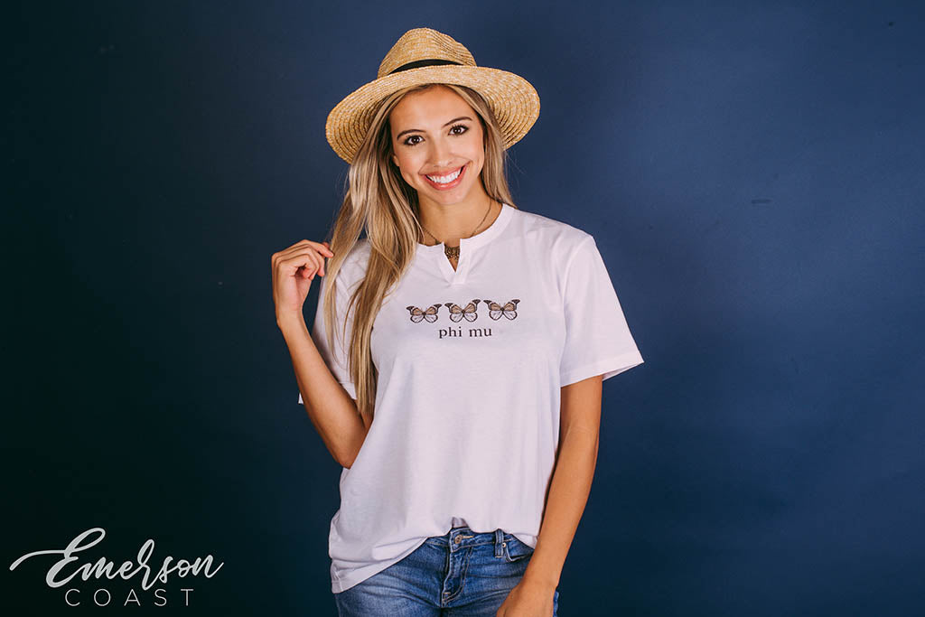 Phi Mu Butterfly Simple PR Notch Tee