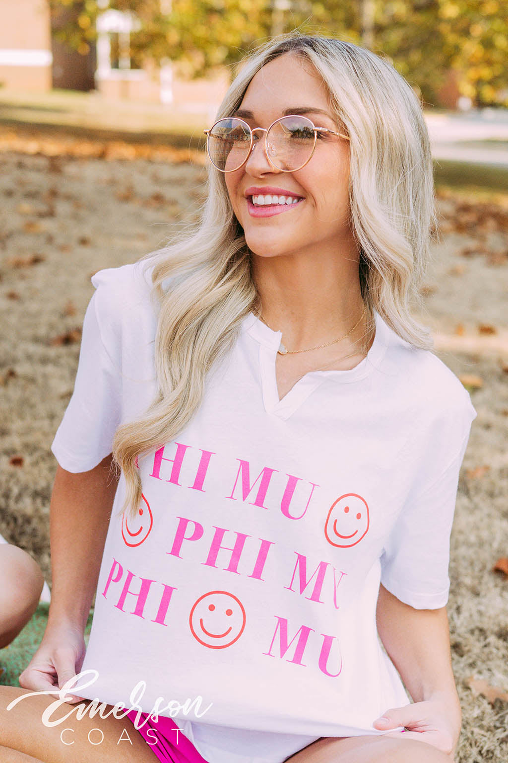 Phi Mu PR Smiley Face Notch Tee