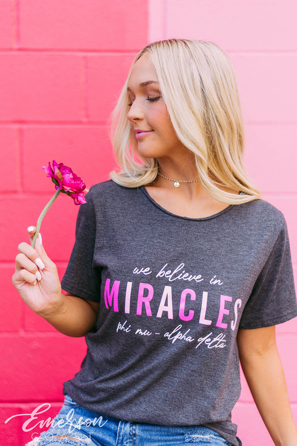 Phi Mu We Believe In Miracles Raw Neck Tee