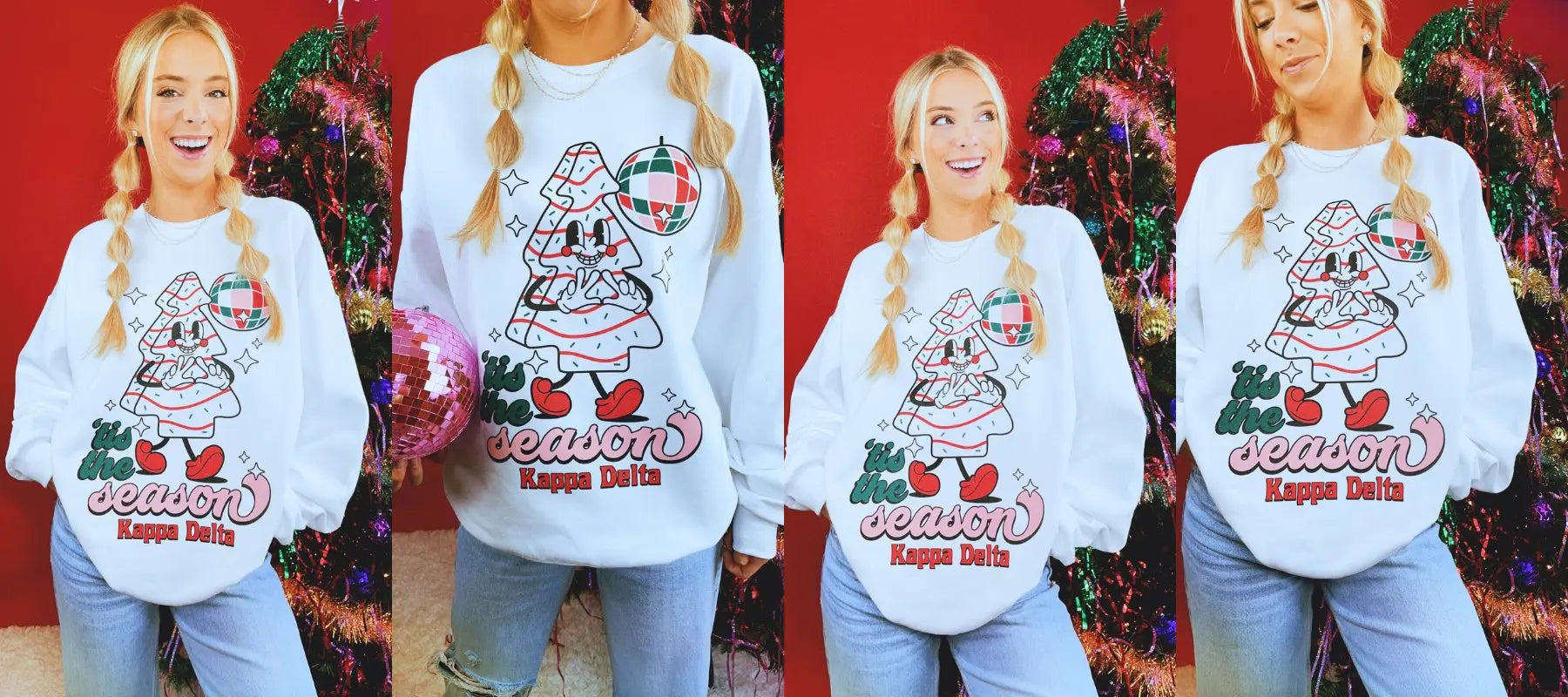 Girl wears a white Christmas sweater