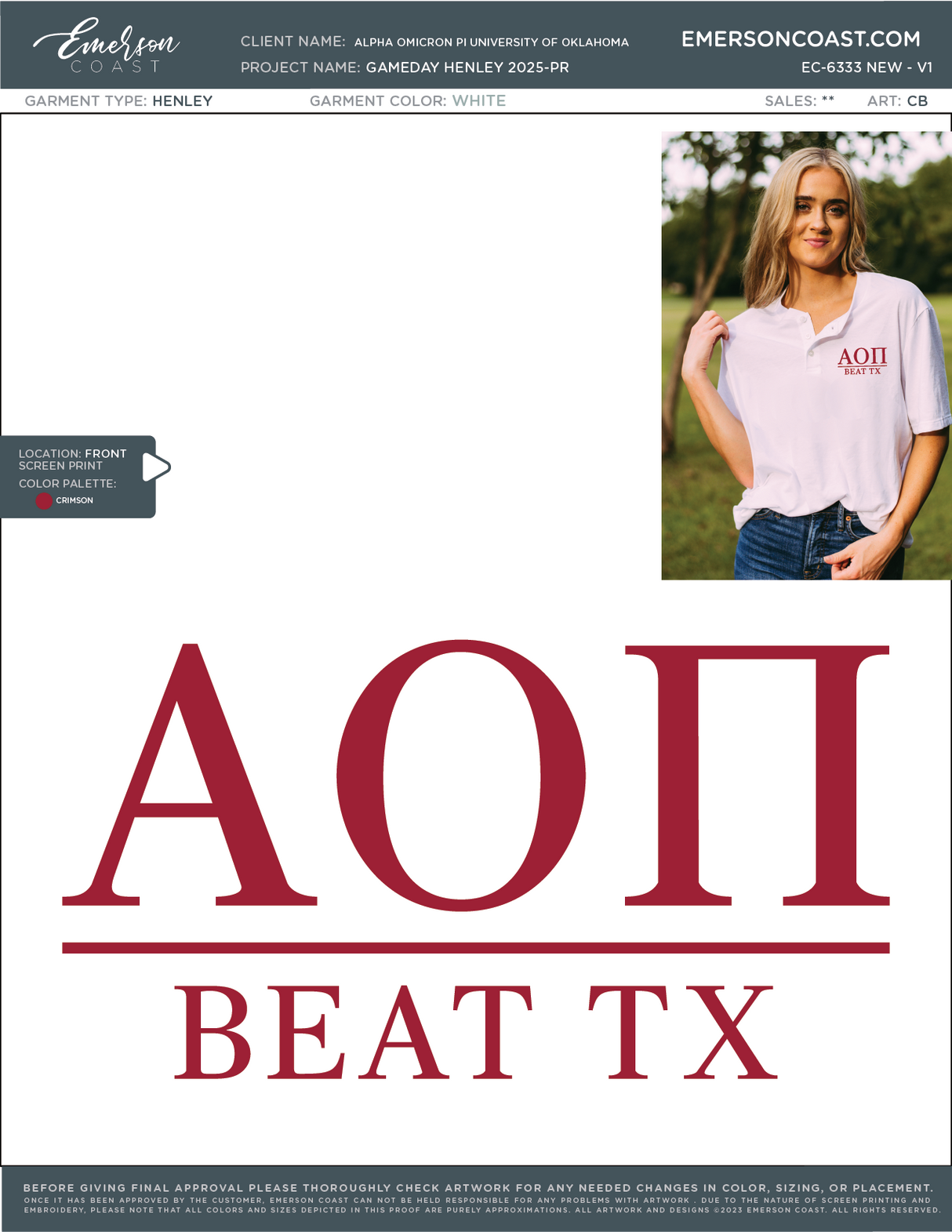 EC-6333 NEW Alpha Omicron Pi University of Oklahoma Gameday Henley 2025-PR