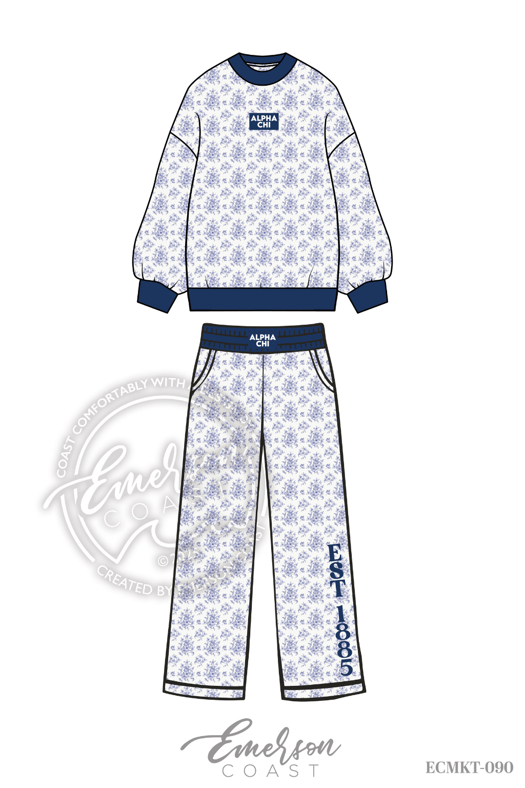 Alpha Chi Blue Floral Print Mock/Pants Set