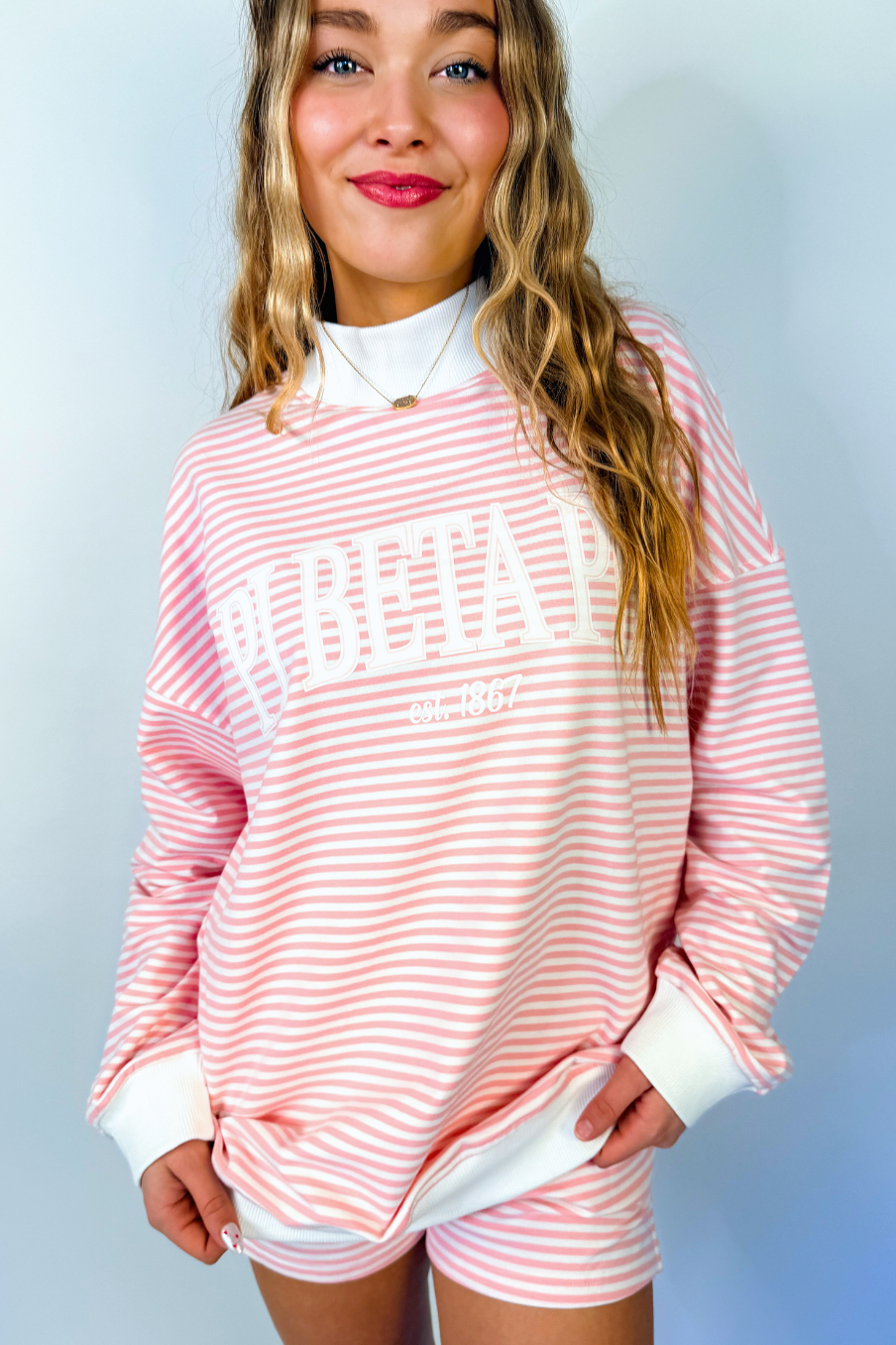 Emerson Coast Light Pink Striped Mock Neck and Shorts Set