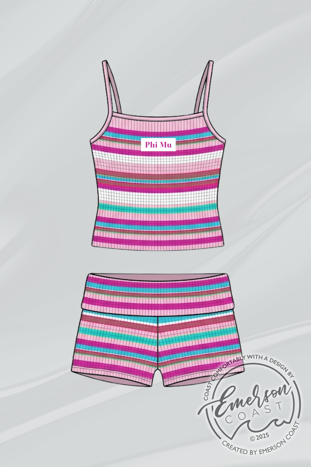 Phi Mu Striped Fold Over Shorts Set