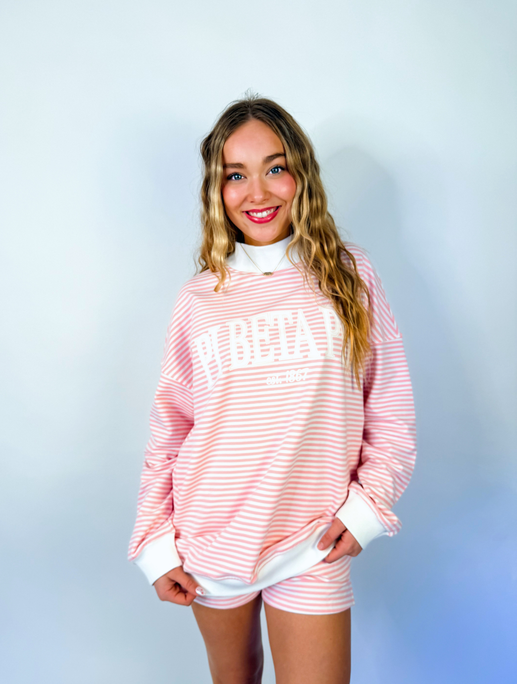 Emerson Coast Light Pink Striped Mock Neck and Shorts Set