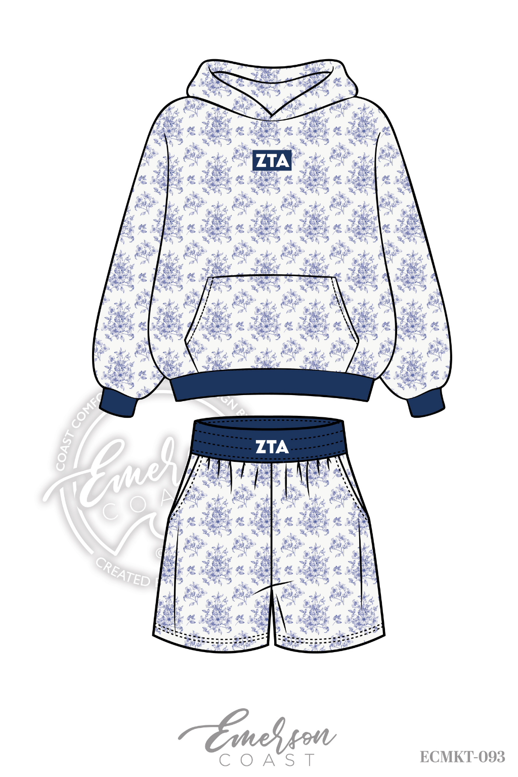 Zeta Blue Floral Print Hoodie/Shorts Set