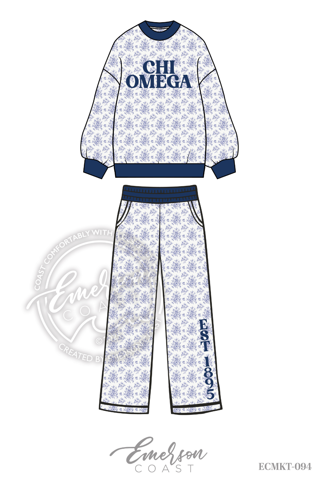 Chi Omega Blue Floral Print Mock/Pants Set