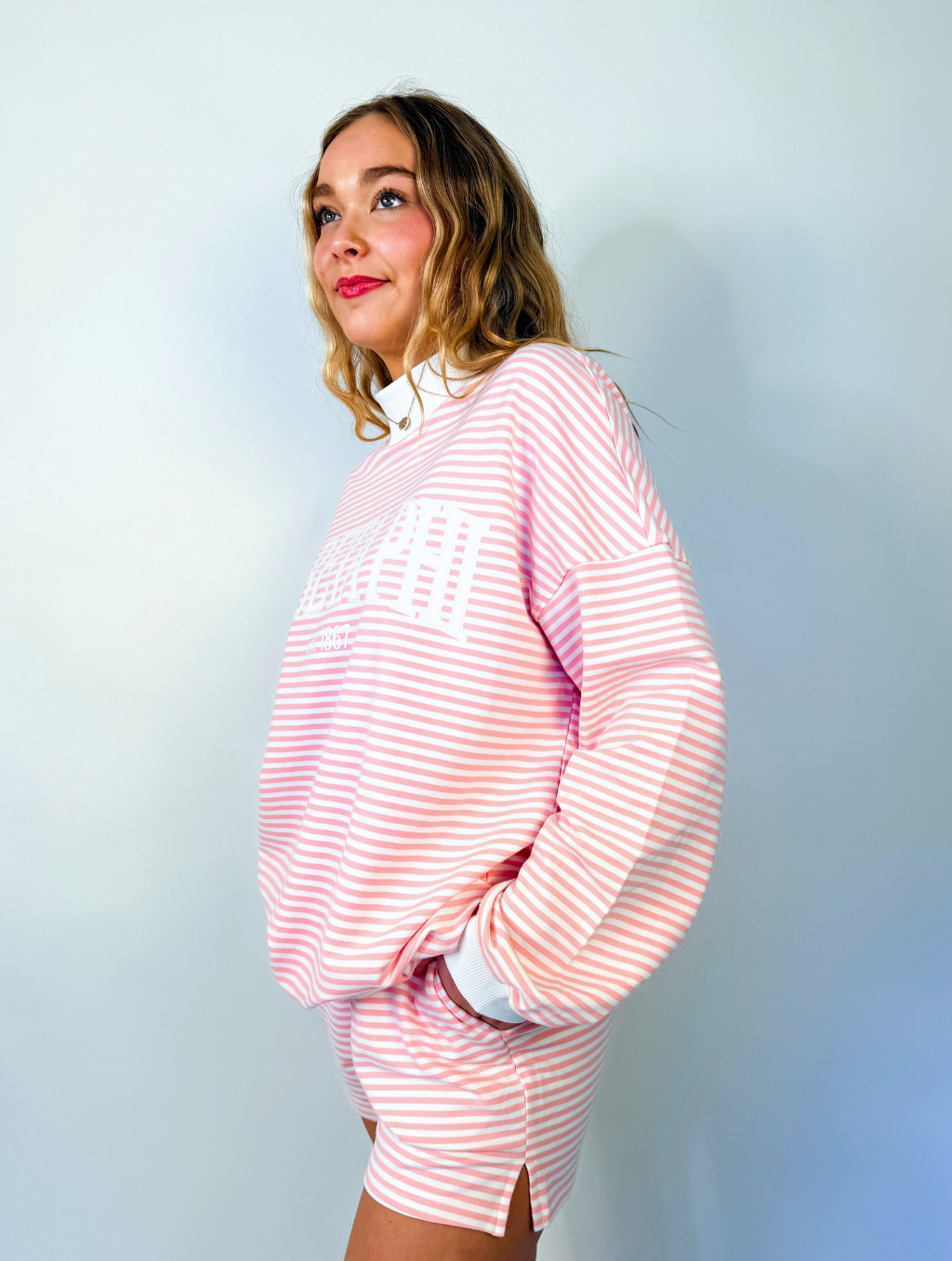 Emerson Coast Light Pink Striped Mock Neck and Shorts Set