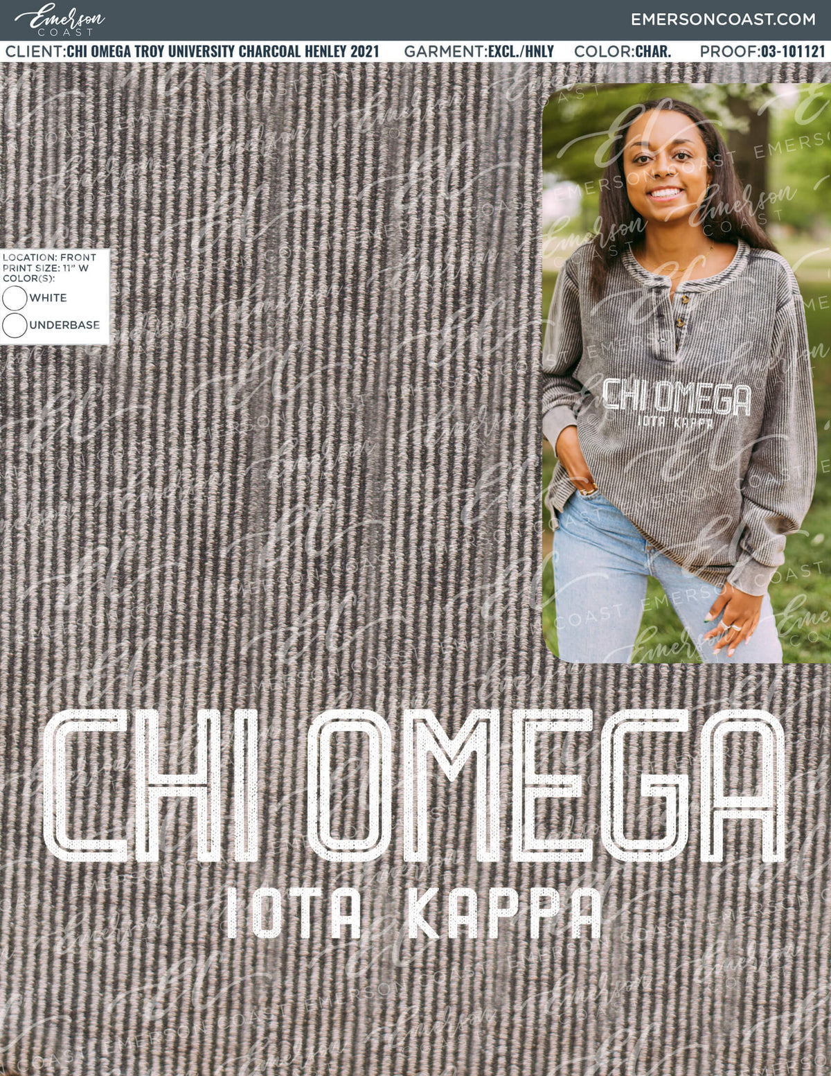 03-101121 Chi Omega Troy University Charcoal Henley 2021