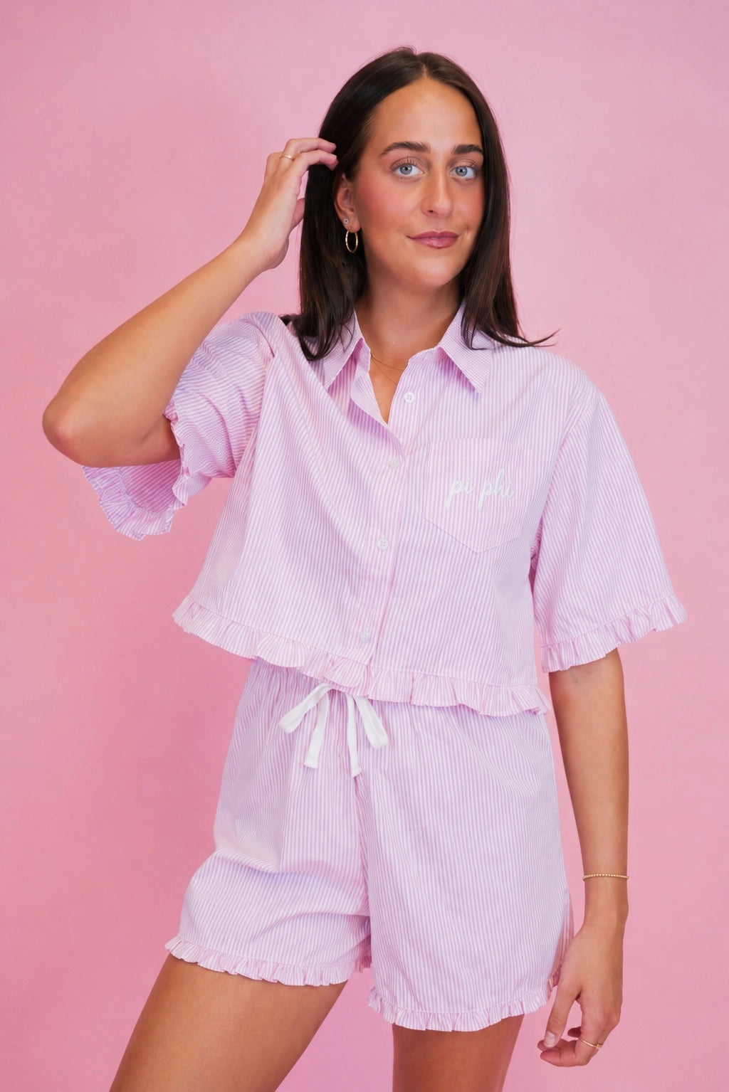 Sorority Short Sleeve Striped Ruffle Pajamas
