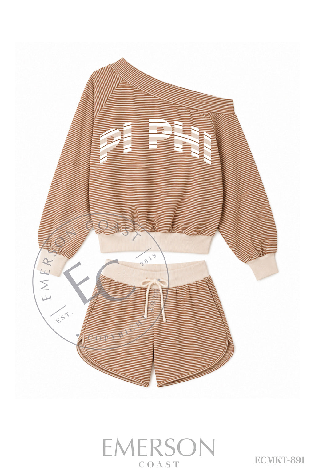 PI PHI Varsity Font Brown Off The Shoulder Set