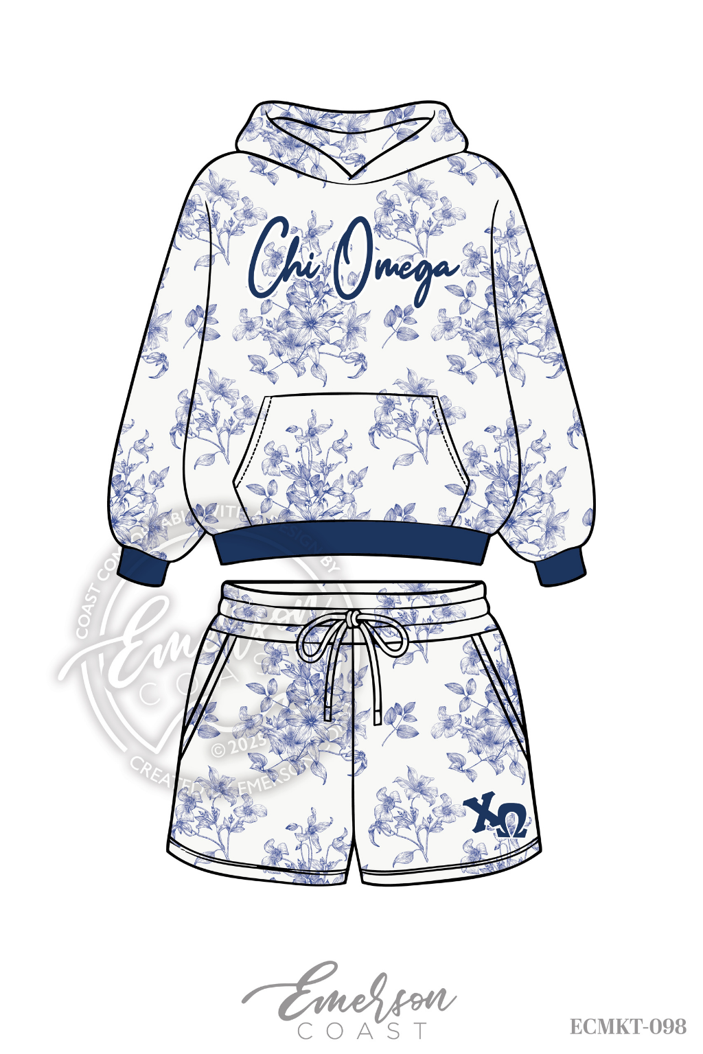 Chi Omega Blue Floral Print Hoodie/Shorts Set