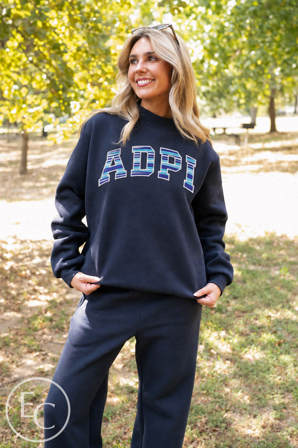 Alpha Delta Pi Stripe Applique Navy Mockneck Set