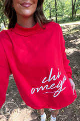 Chi Omega Red Script Raw Seam Mockneck