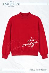 Chi Omega Red Script Raw Seam Mockneck
