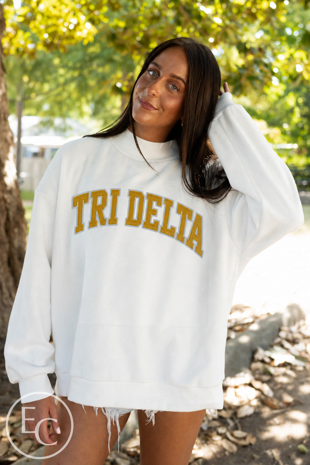 Delta Delta Delta Varsity Arch Applique White Reversible Mockneck