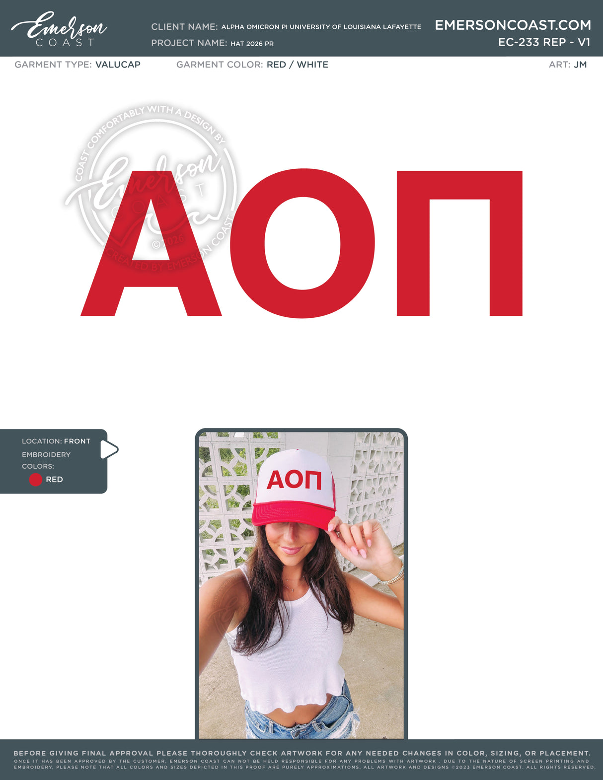 EC-233 REP Alpha Omicron Pi University of Louisiana Lafayette Hat 2026 PR