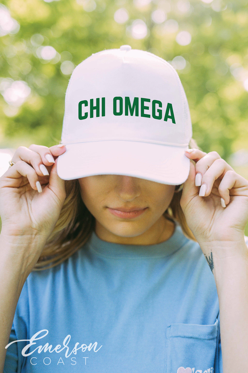 Chi Omega Green Font Work Week Hat