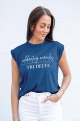Tri Delta Celebrating Miracles Blue Rolled Cuff Tee