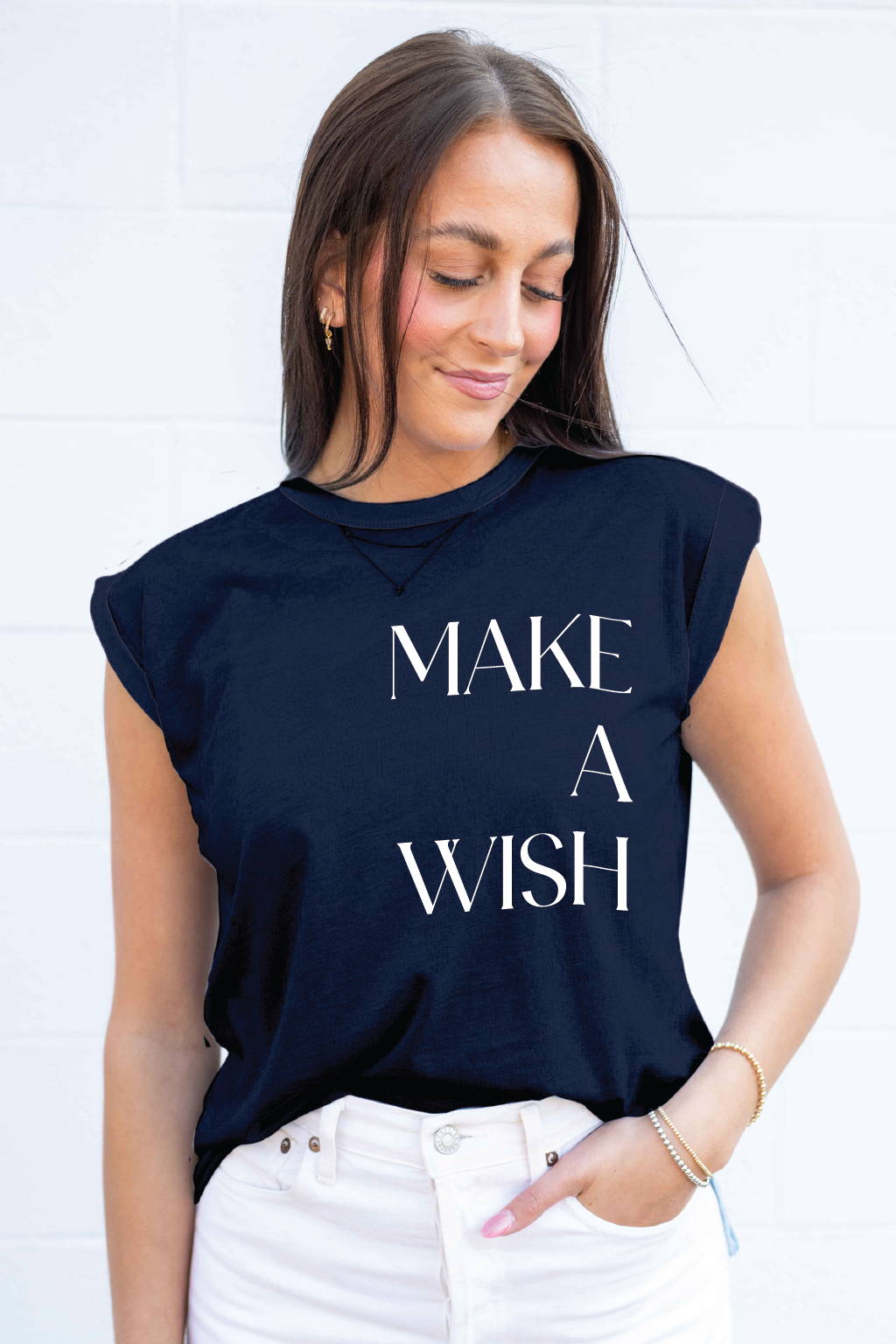 Chi Omega Navy Make A Wish Rolled Cuff Tee