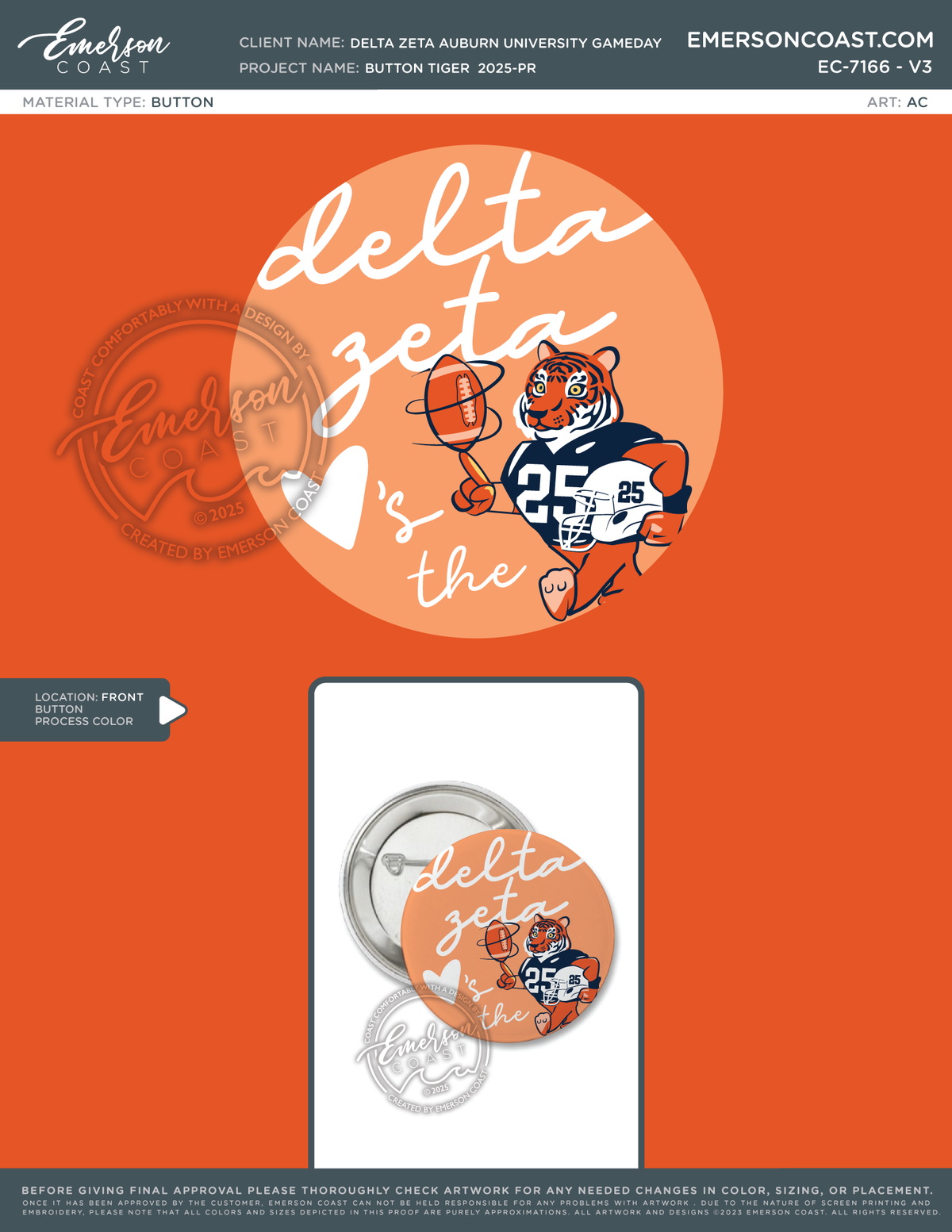EC-7166 Delta Zeta Auburn University Gameday Button Tiger 2025-PR