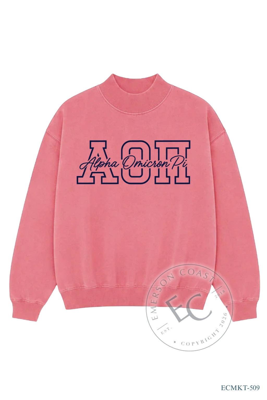 Alpha Omicron Pi Greek Letters with Script Font Hibiscus Mockneck