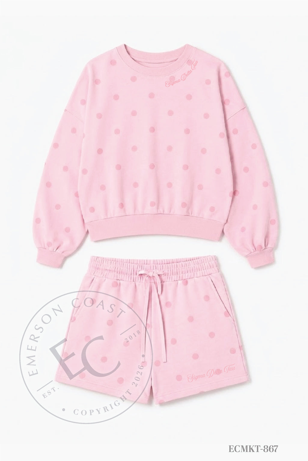 Sigma Delta Tau Light Pink Script Font Polka Dot Set