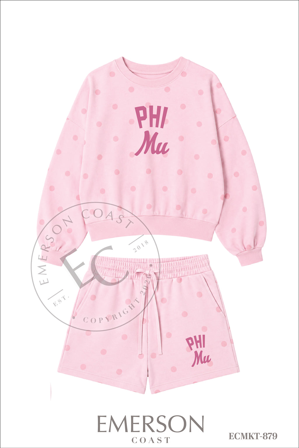 Phi Mu Light Pink Varsity And Script Polka Dot