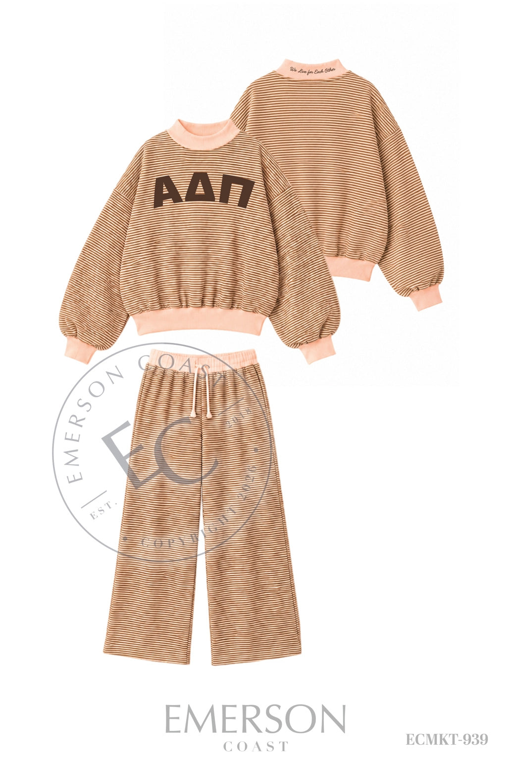 Alpha Delta Pi Light Pink and Brown Striped Mockneck Sets