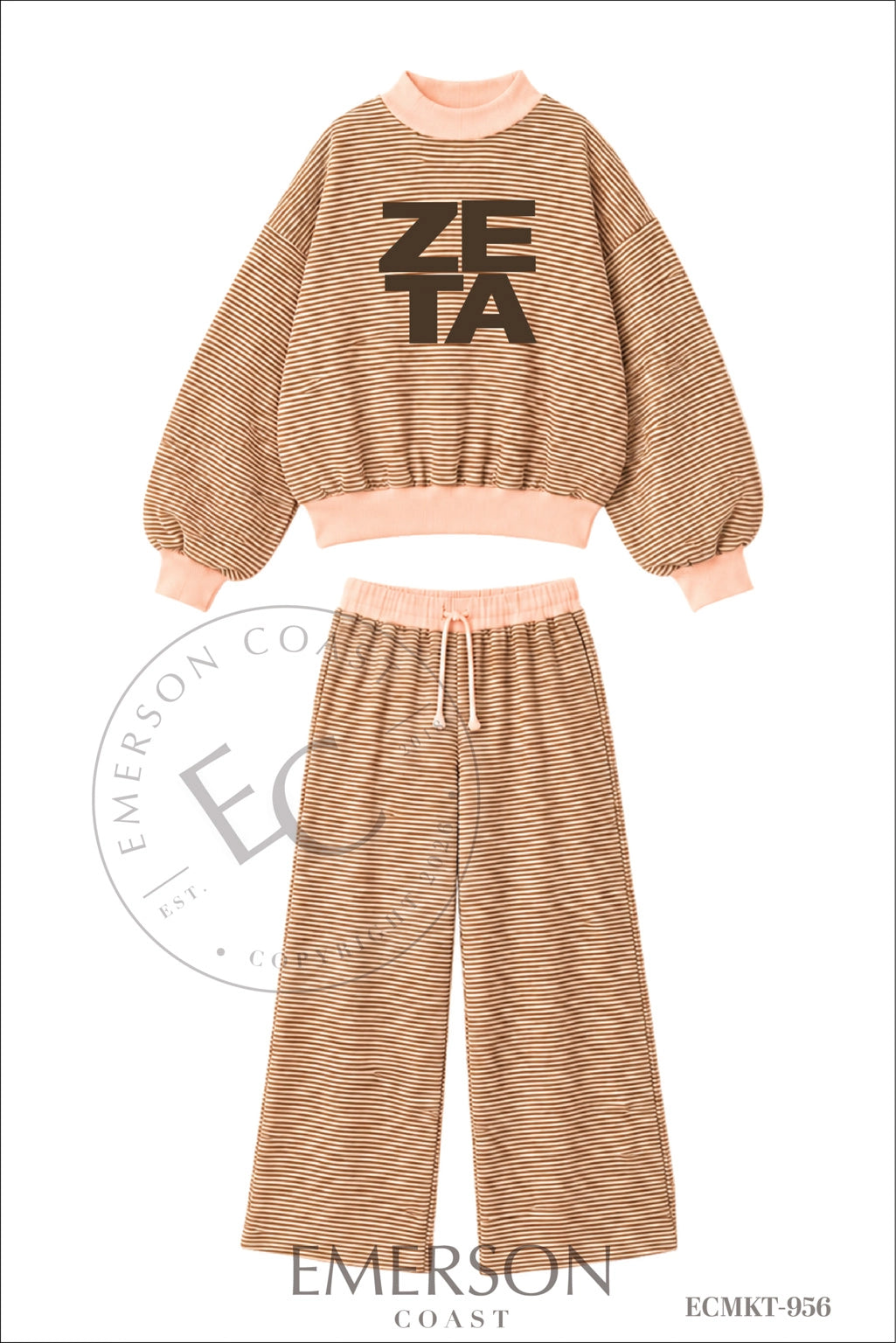 Zeta Tau Alpha Letter Light Pink and Brown Striped Mockneck Sets