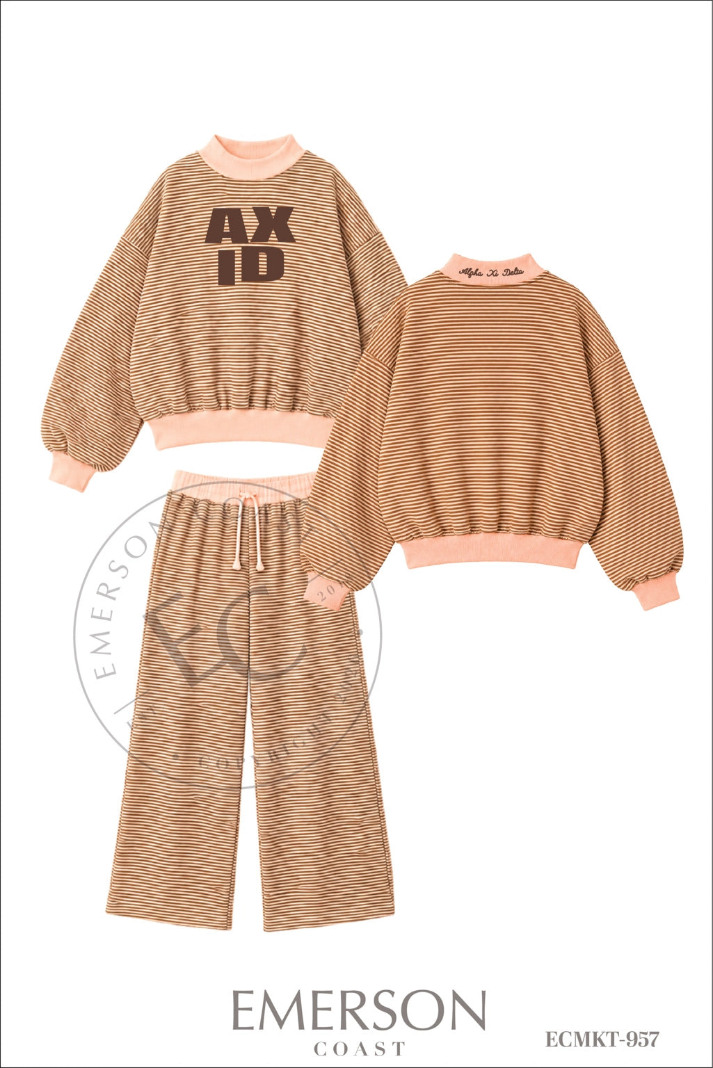 Alpha Xi Delta Light Pink and Brown Striped Mockneck Sets