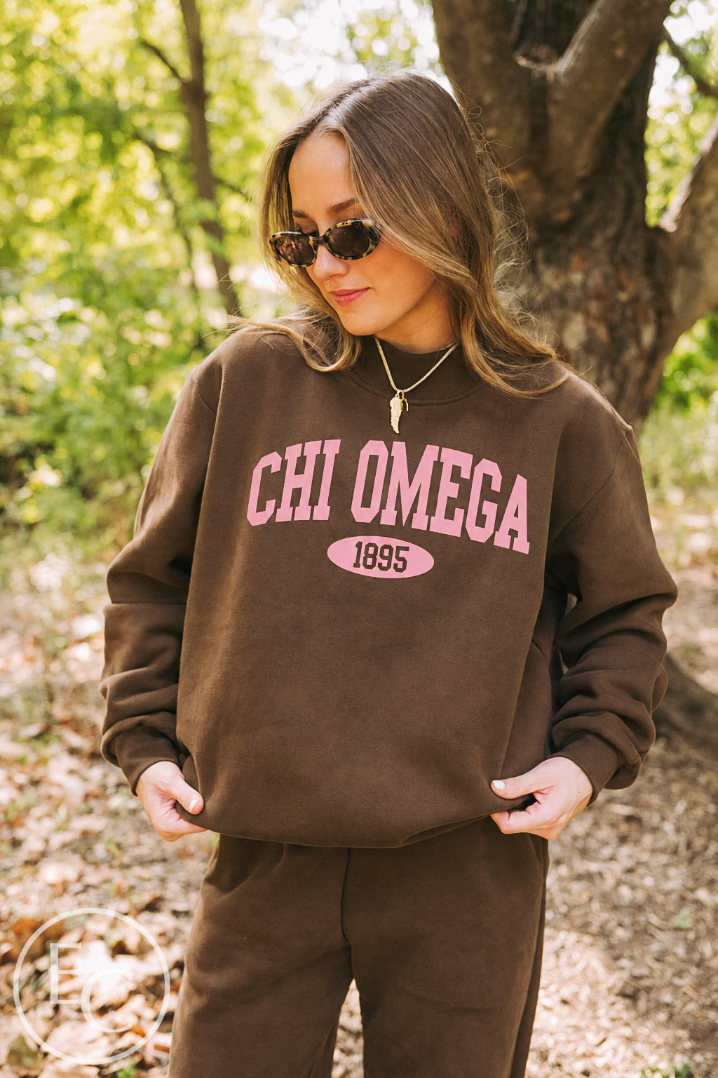 Chi Omega Pink Varsity Brown Mockneck Set
