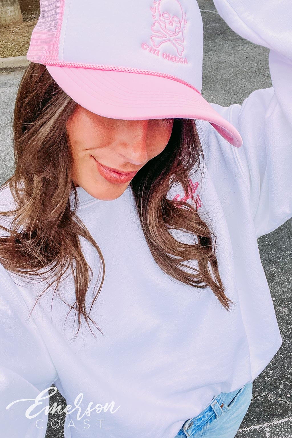 Chi Omega Light Pink Embroidered Bid Day Trucker Hat
