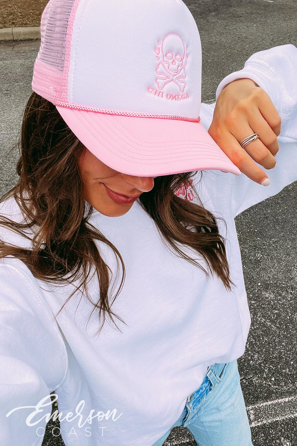 Chi Omega Light Pink Embroidered Bid Day Trucker Hat