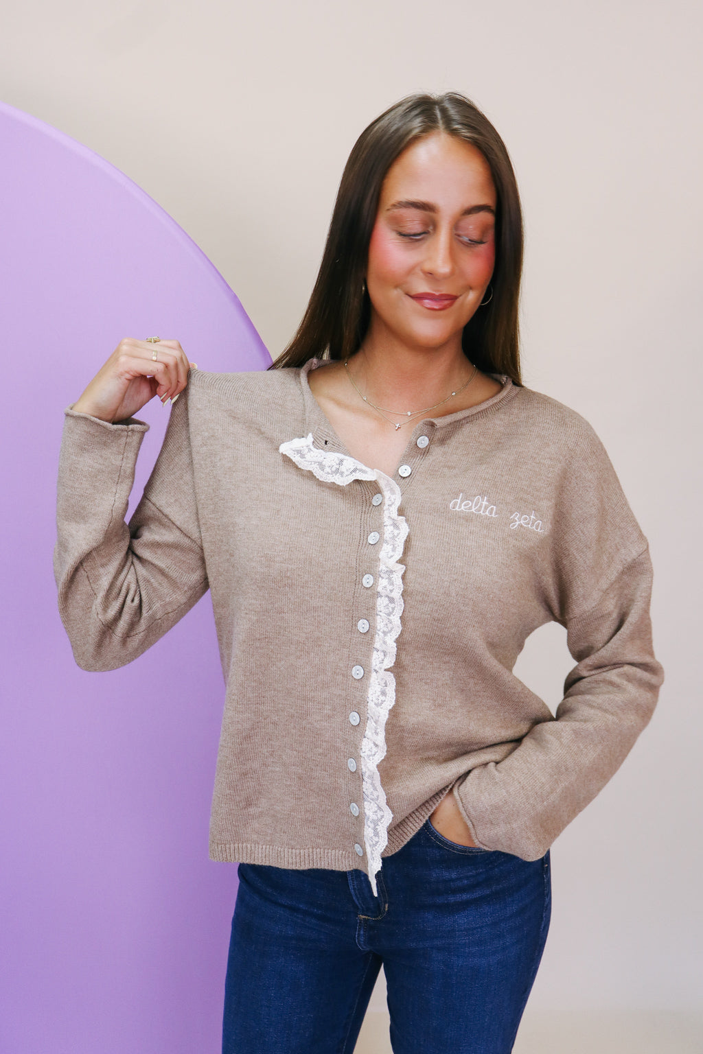Delta Zeta Embroidered Lace Trim Cardigan