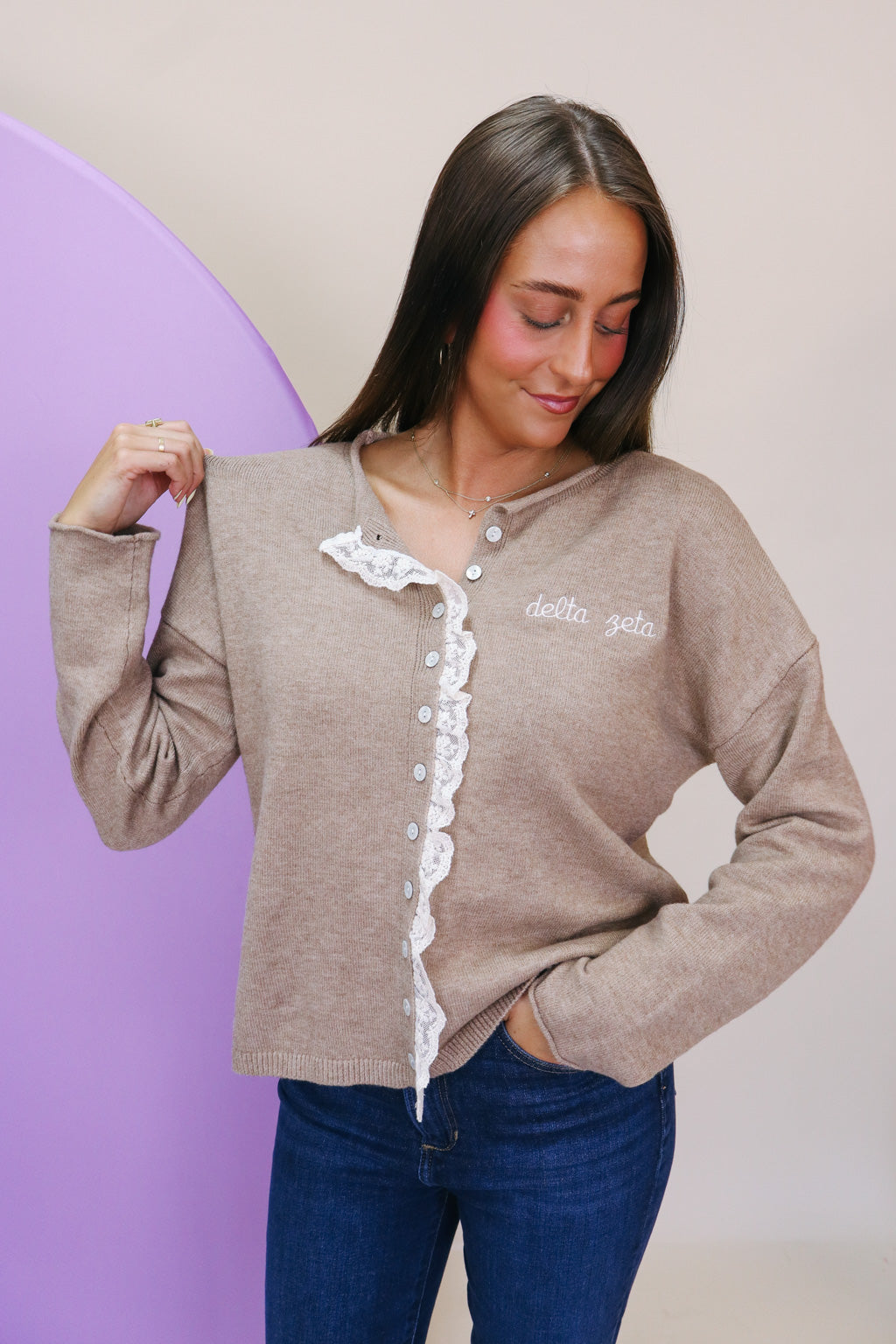 Delta Zeta Embroidered Lace Trim Cardigan