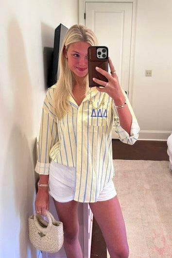 Tri Delta Embroidered Light Yellow Button Down