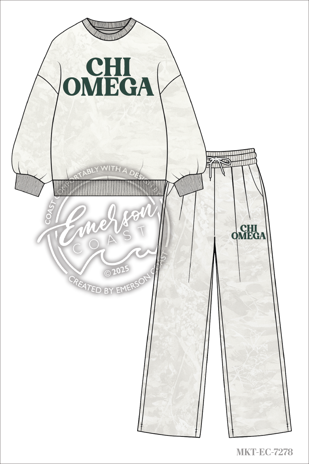 Chi Omega White Camo Crewneck & Wide Leg Pants Set