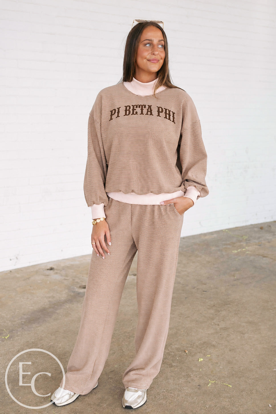 Pi Beta Phi Light Pink and Brown Striped Mockneck Sets