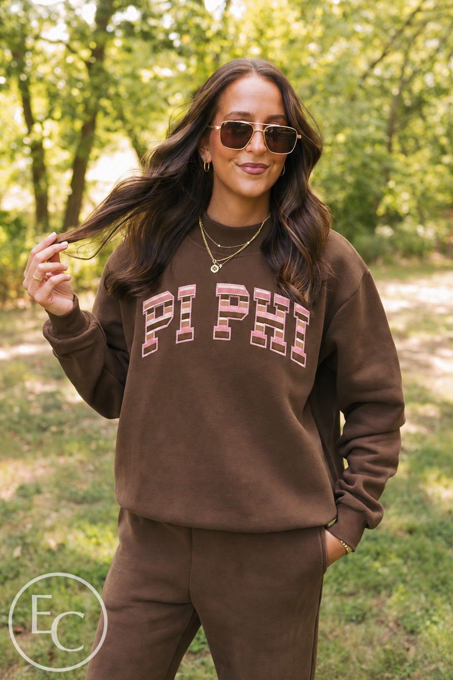 Pi Beta Phi Stripe Applique Chocolate Mockneck Pant Set