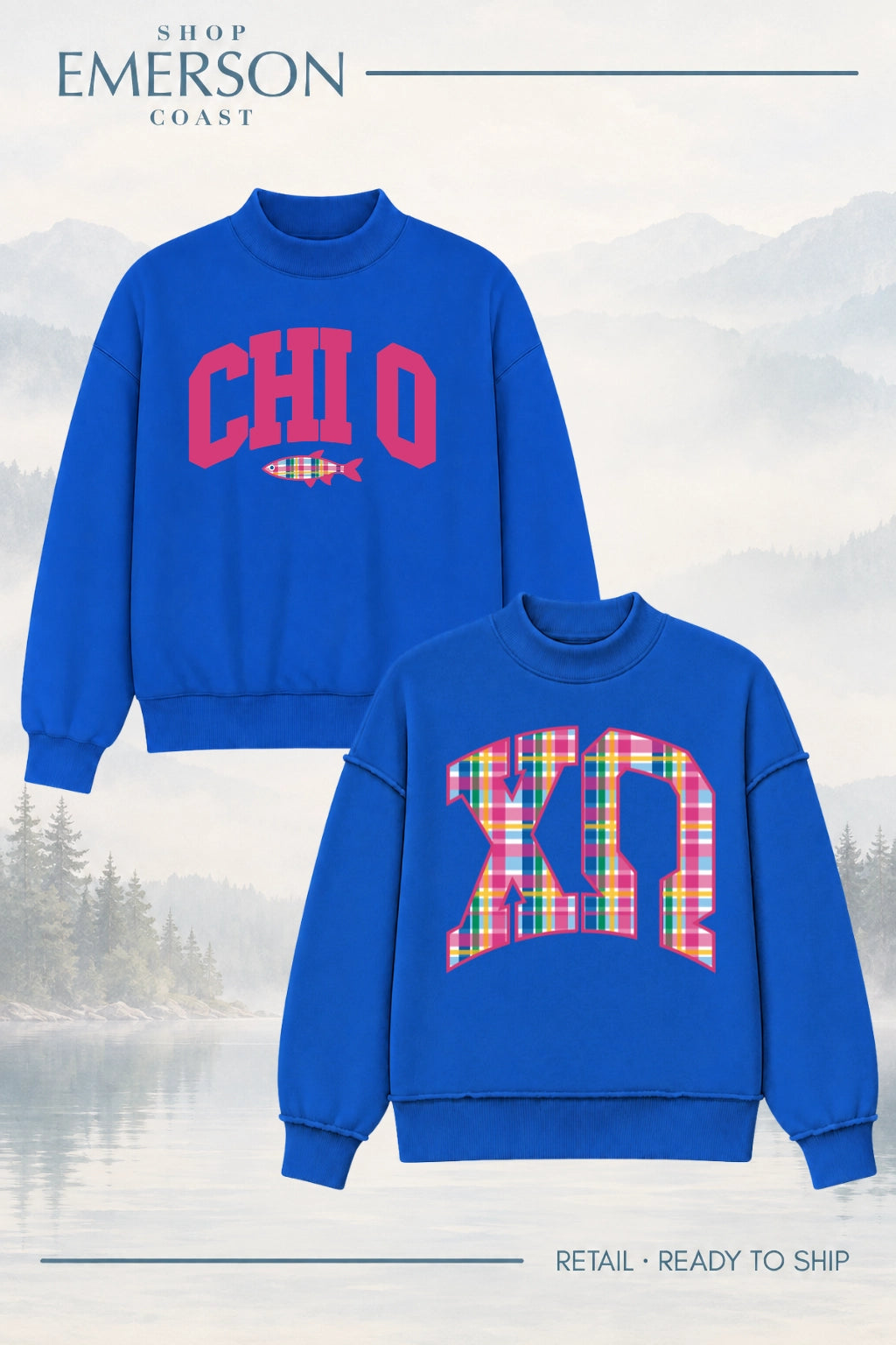 Chi Omega Blue Lakeside Reversible Mockneck